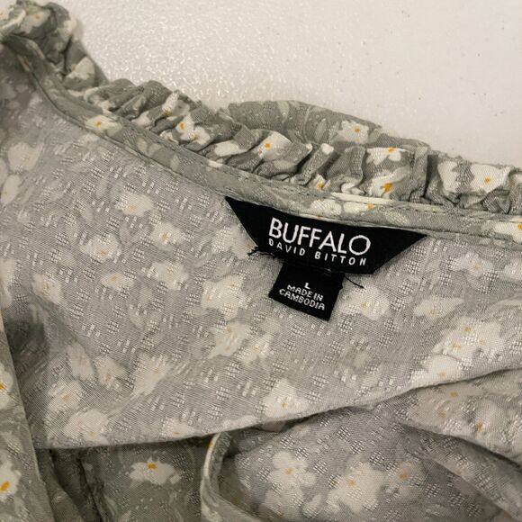 Buffalo David Bitton Blouse Women's Large Green Floral V-Neck Ruffle Top - Picture 6 of 9